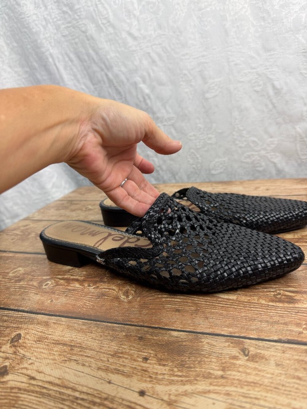 Sam Edelman Women’s Size 11 Black Woven Leather Mule Pointed Toe Block Heel